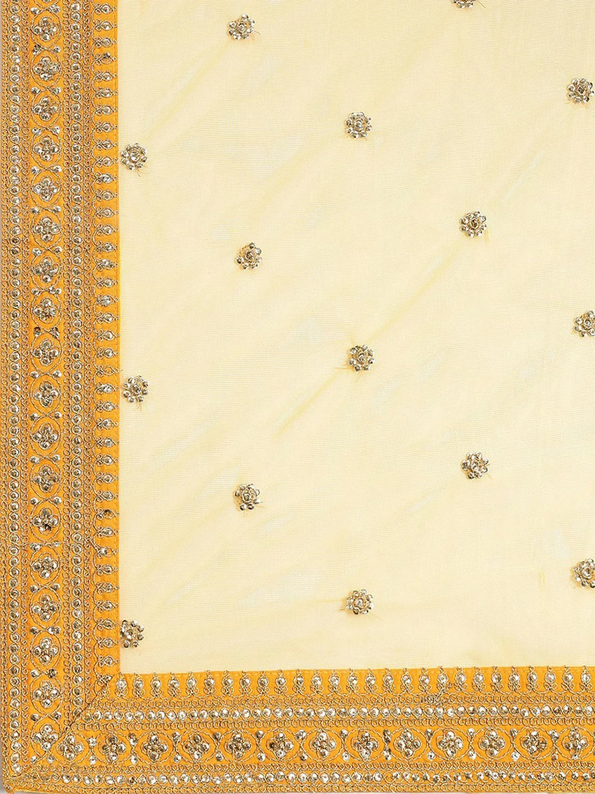 Cream and mustard yellow ethnic dupatta with floral sequin embroidery and ornate border detailing
