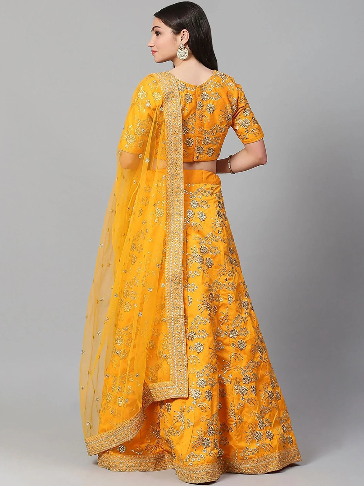 Yellow embroidered lehenga choli with dupatta, Indian ethnic wear for women