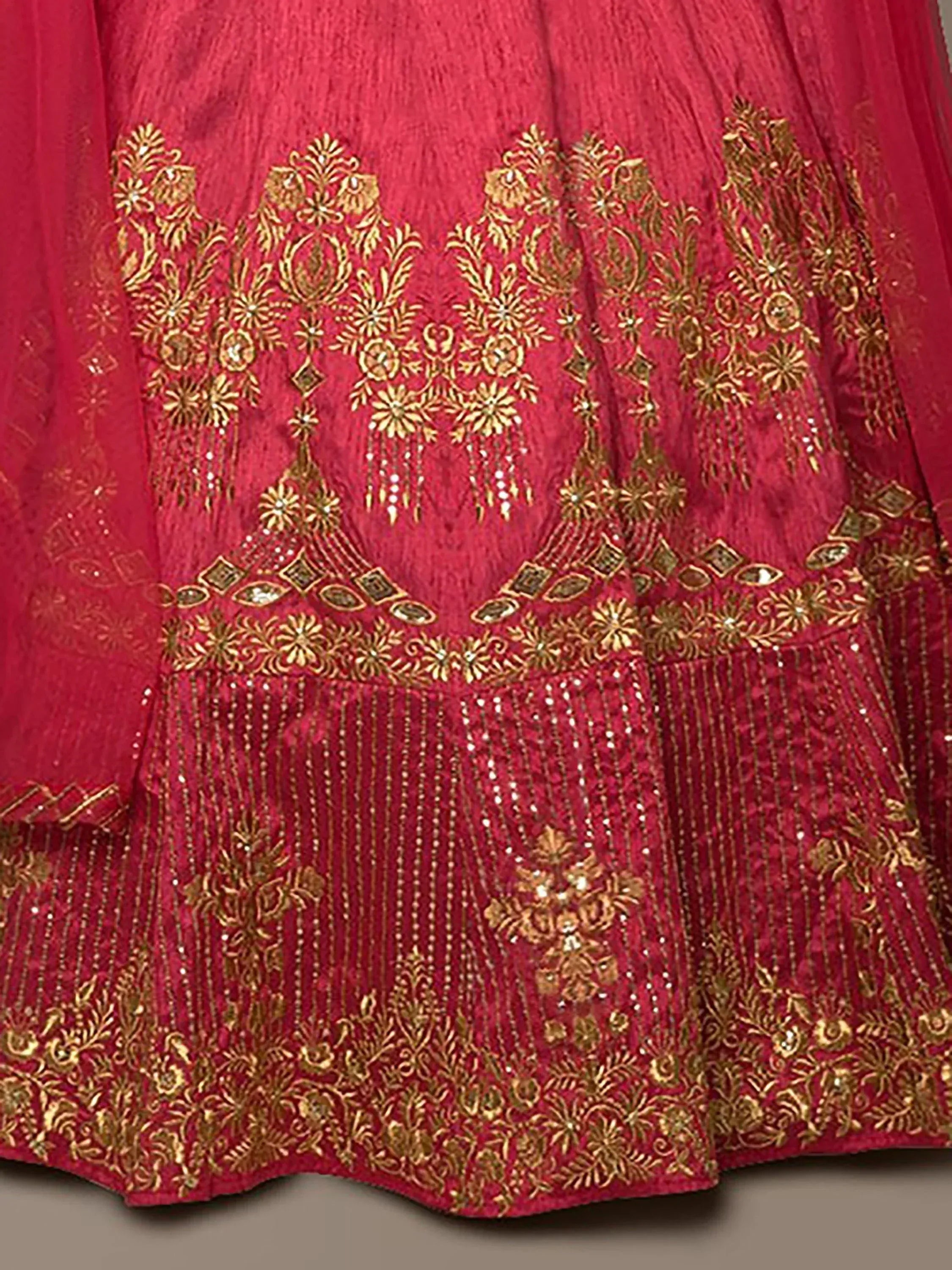 Red lehenga with gold embroidery and sequin detailing for Indian ethnic wear