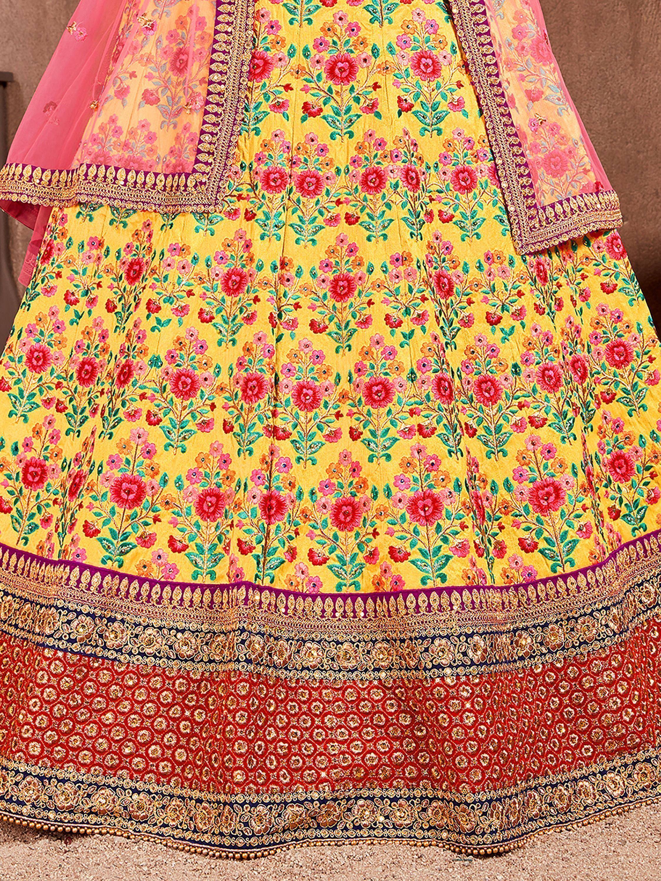 Yellow floral embroidered lehenga choli with pink dupatta, ethnic Indian wear for weddings and festivals