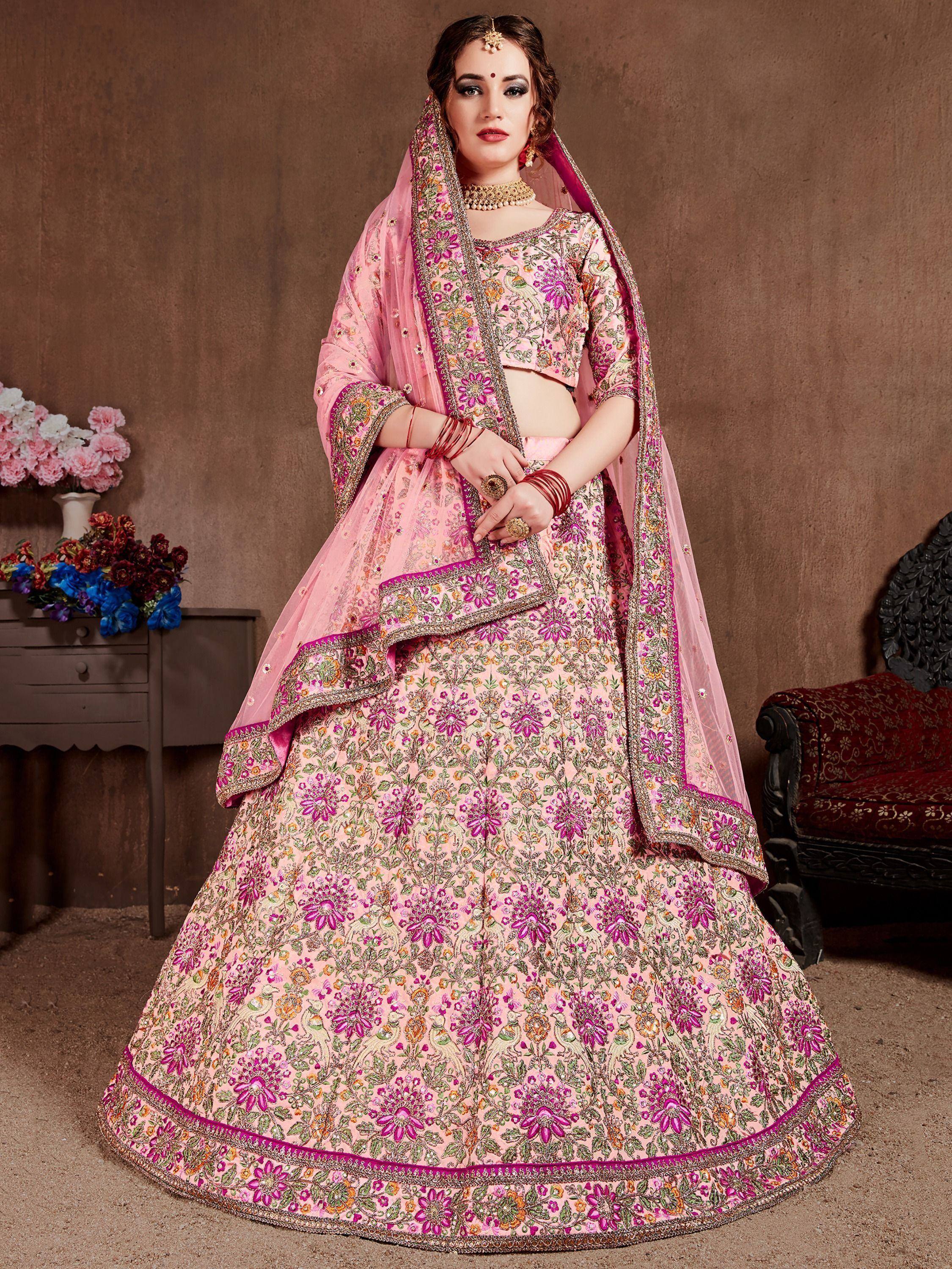Pink floral embroidered lehenga choli with dupatta, Indian ethnic wear for weddings and festivals