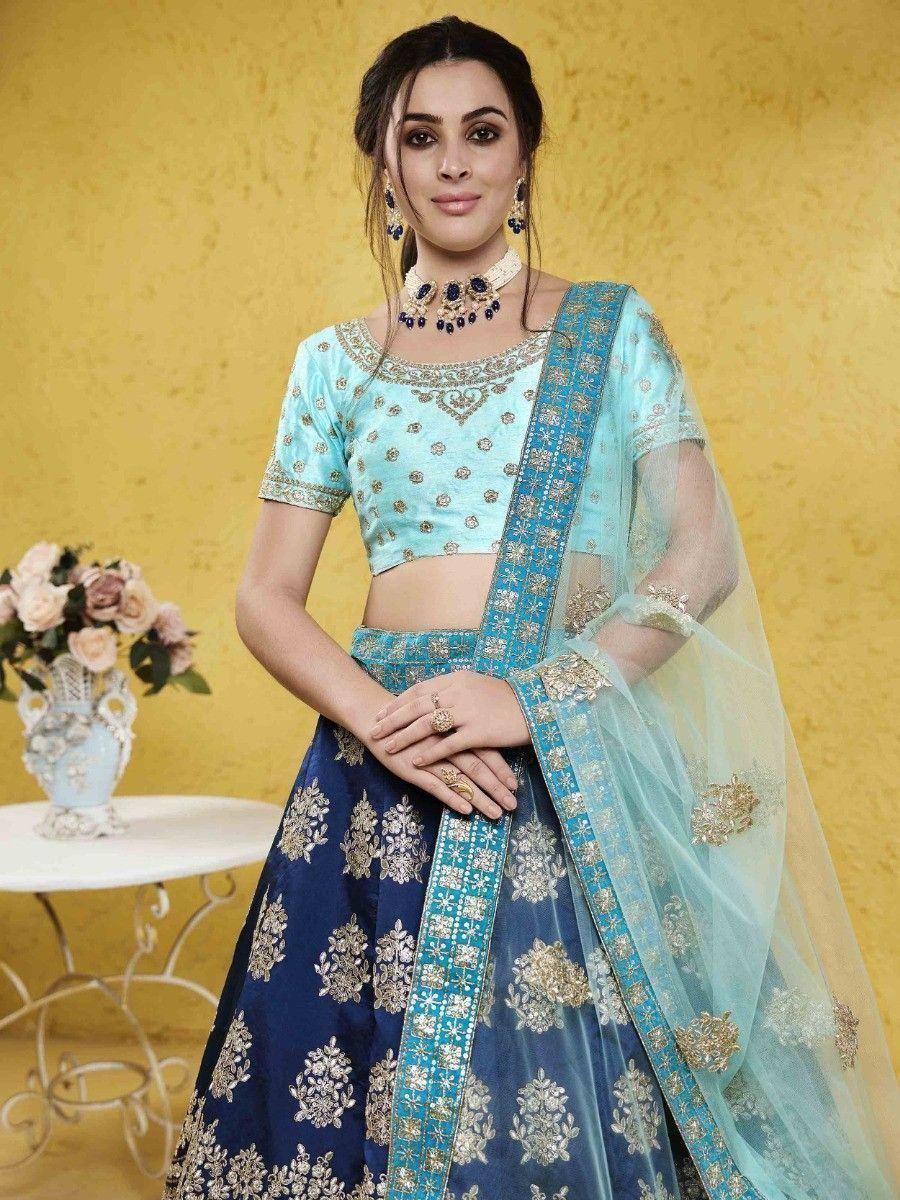Blue and gold embroidered lehenga choli with sheer dupatta, Indian ethnic wear for women