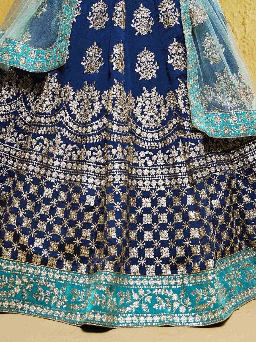 Blue designer lehenga with silver embroidery and turquoise border, ethnic Indian wear