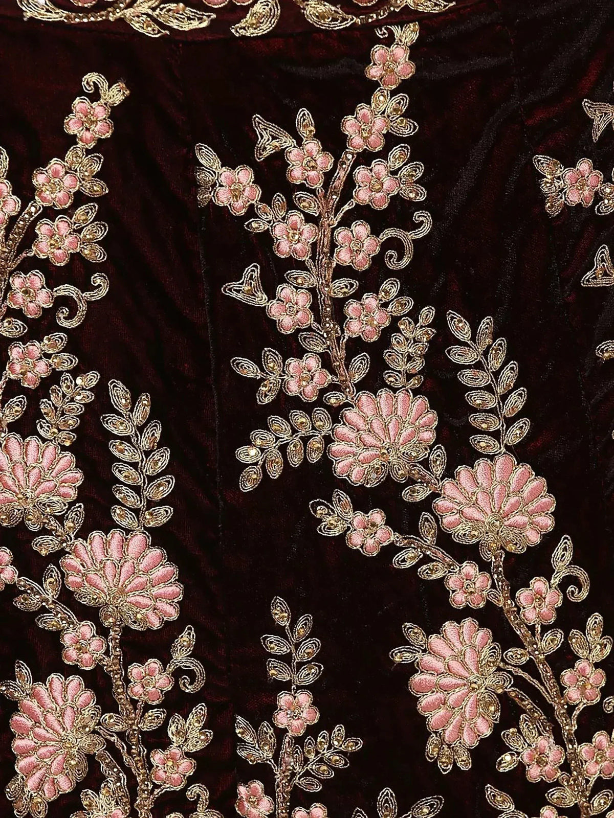 Dark velvet ethnic gown with pink floral embroidery and gold thread detailing