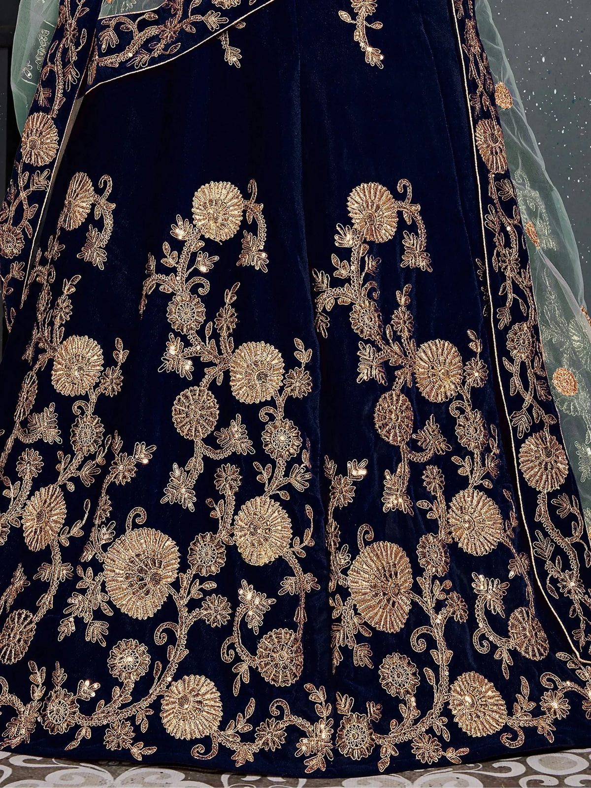 Navy blue velvet lehenga with gold floral embroidery and sheer dupatta, Indian ethnic wear