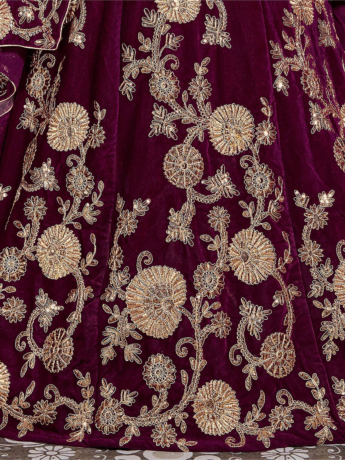 Purple velvet lehenga with gold floral embroidery, Indian ethnic wear