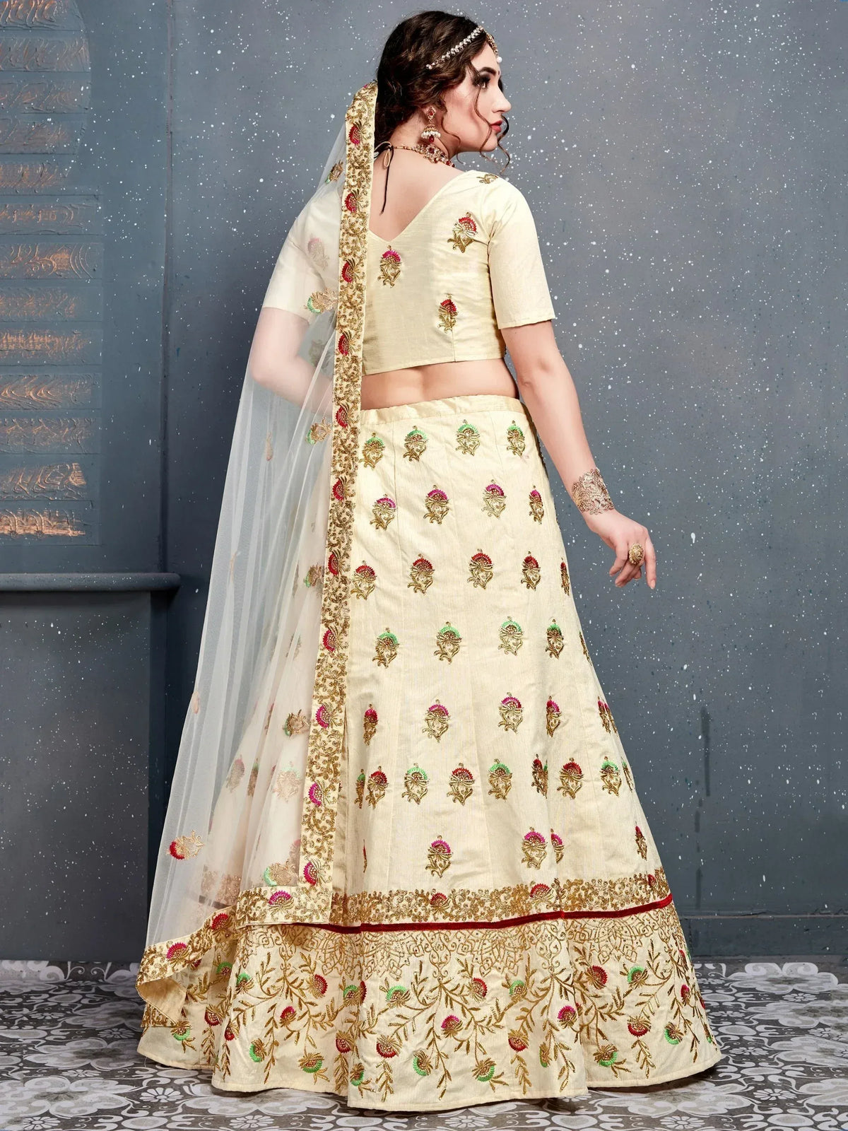 Cream embroidered lehenga choli with floral motifs and sheer dupatta, Indian ethnic wear