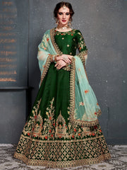Bottle Green Embroidered Silk Bridal Lehenga Choli
