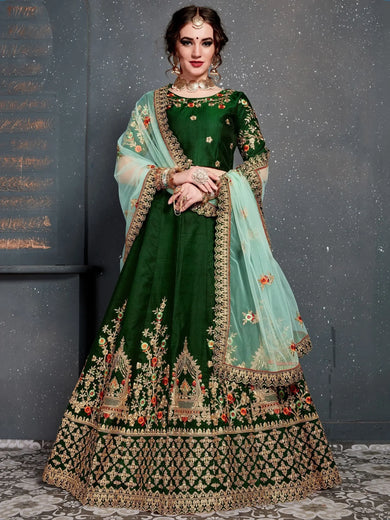 Bottle Green Embroidered Silk Bridal Lehenga Choli