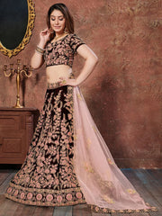 Maroon Thread Embroidery Velvet Silk Bridal Wear Lehenga Choli and Pastel Pink Dupatta
