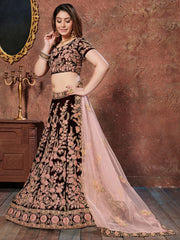Maroon Thread Embroidery Velvet Silk Bridal Wear Lehenga Choli and Pastel Pink Dupatta