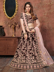Maroon Thread Embroidery Velvet Silk Bridal Wear Lehenga Choli and Pastel Pink Dupatta