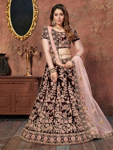 Maroon Thread Embroidery Velvet Silk Bridal Wear Lehenga Choli and Pastel Pink Dupatta