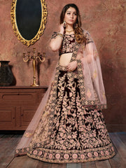 Maroon Thread Embroidery Velvet Silk Bridal Wear Lehenga Choli and Pastel Pink Dupatta