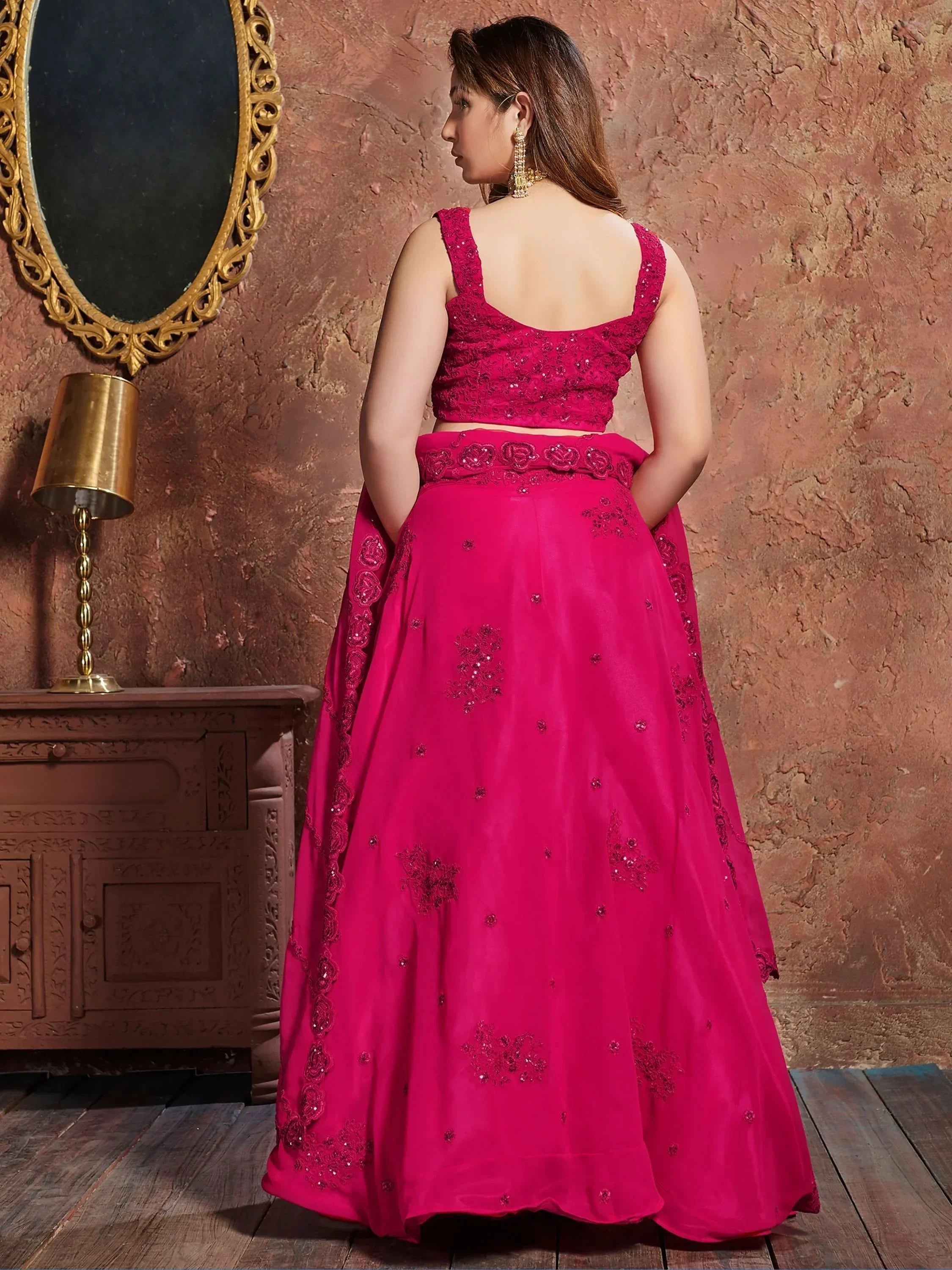 Fuchsia designer lehenga choli with sequin embroidery, perfect for Indian ethnic wear events