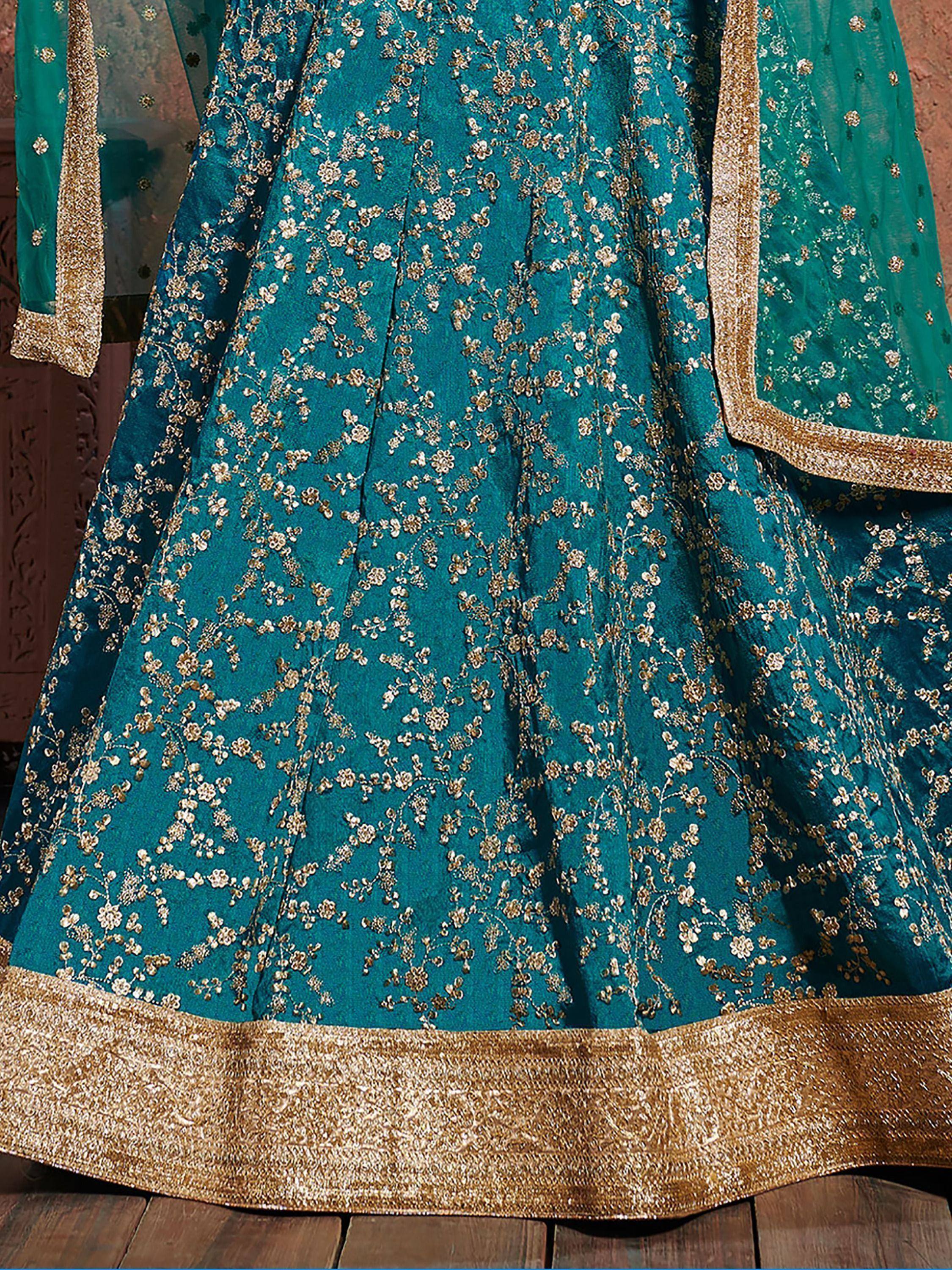 Teal Indian lehenga with gold floral embroidery and border, ethnic wear for women