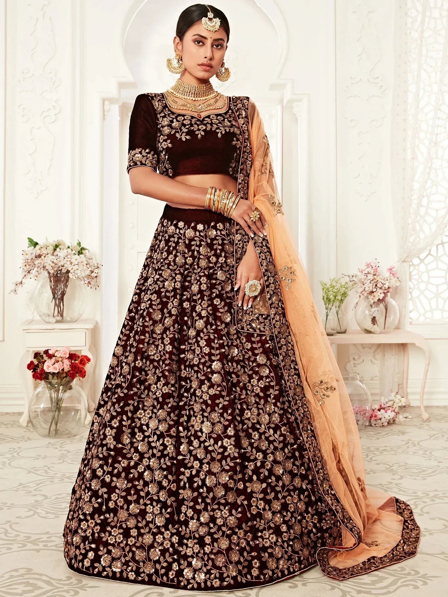 Classic Maroon Embroidered Velvet Wedding Wear Plus Size Lehenga Choli