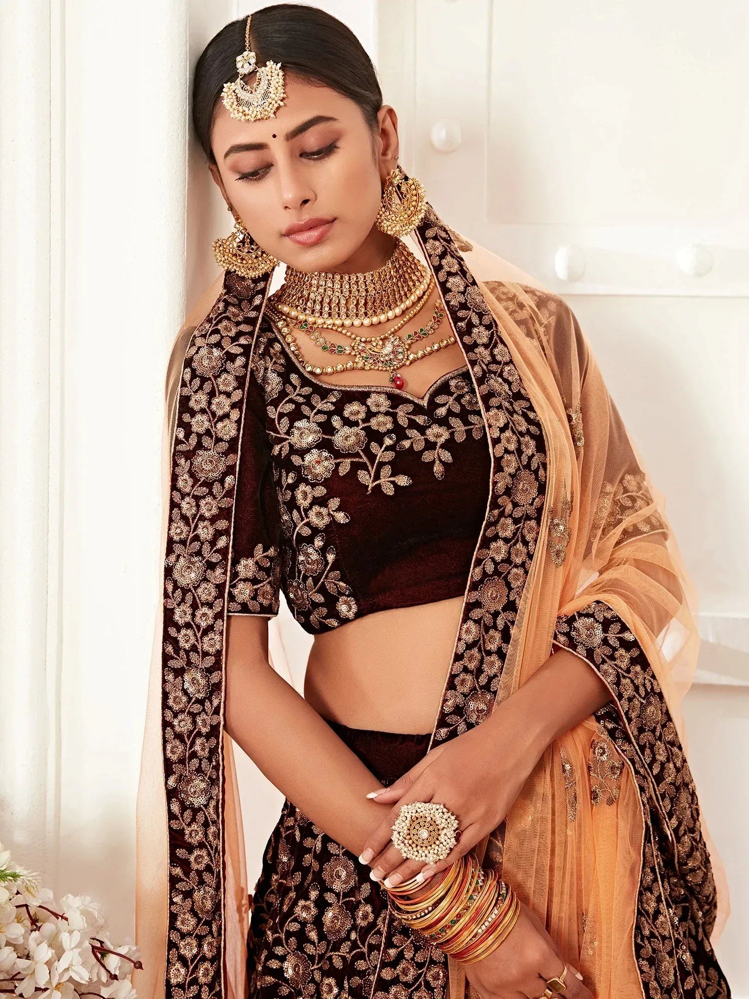 Classic Maroon Embroidered Velvet Wedding Wear Plus Size Lehenga Choli
