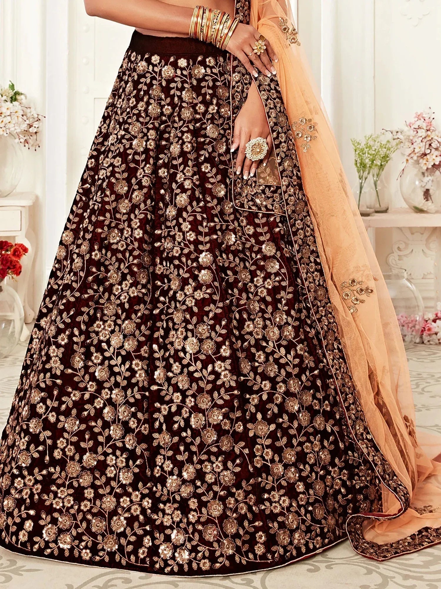 Classic Maroon Embroidered Velvet Wedding Wear Plus Size Lehenga Choli