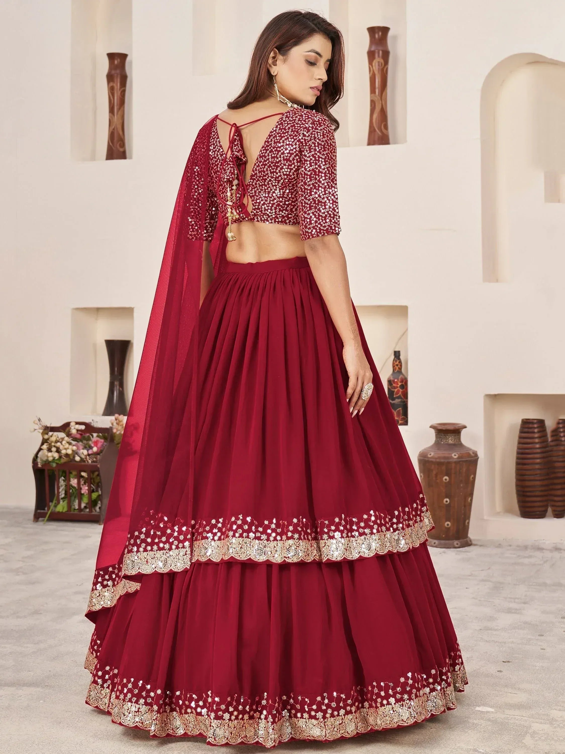 Maroon designer lehenga choli with sequin work and back tie blouse, perfect for Indian ethnic occasions
