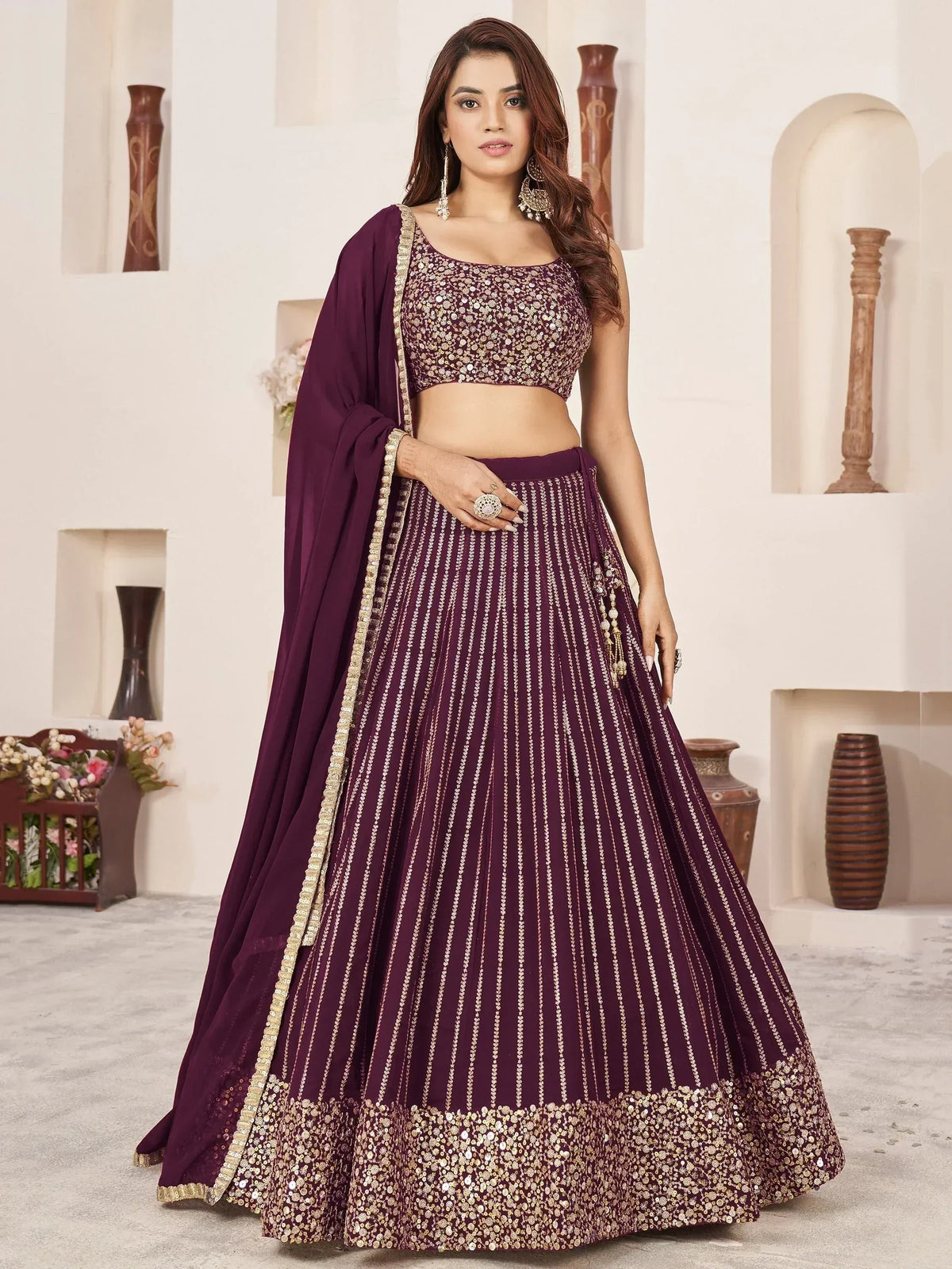 Elegant purple lehenga choli with gold sequin embroidery, perfect for Indian ethnic wear occasions.
