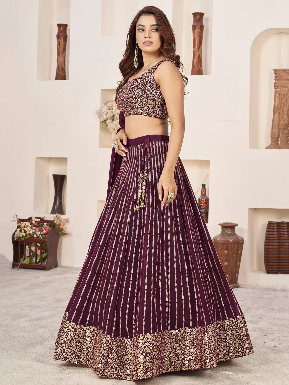 Elegant purple lehenga choli with gold sequin detailing, perfect for Indian ethnic occasions