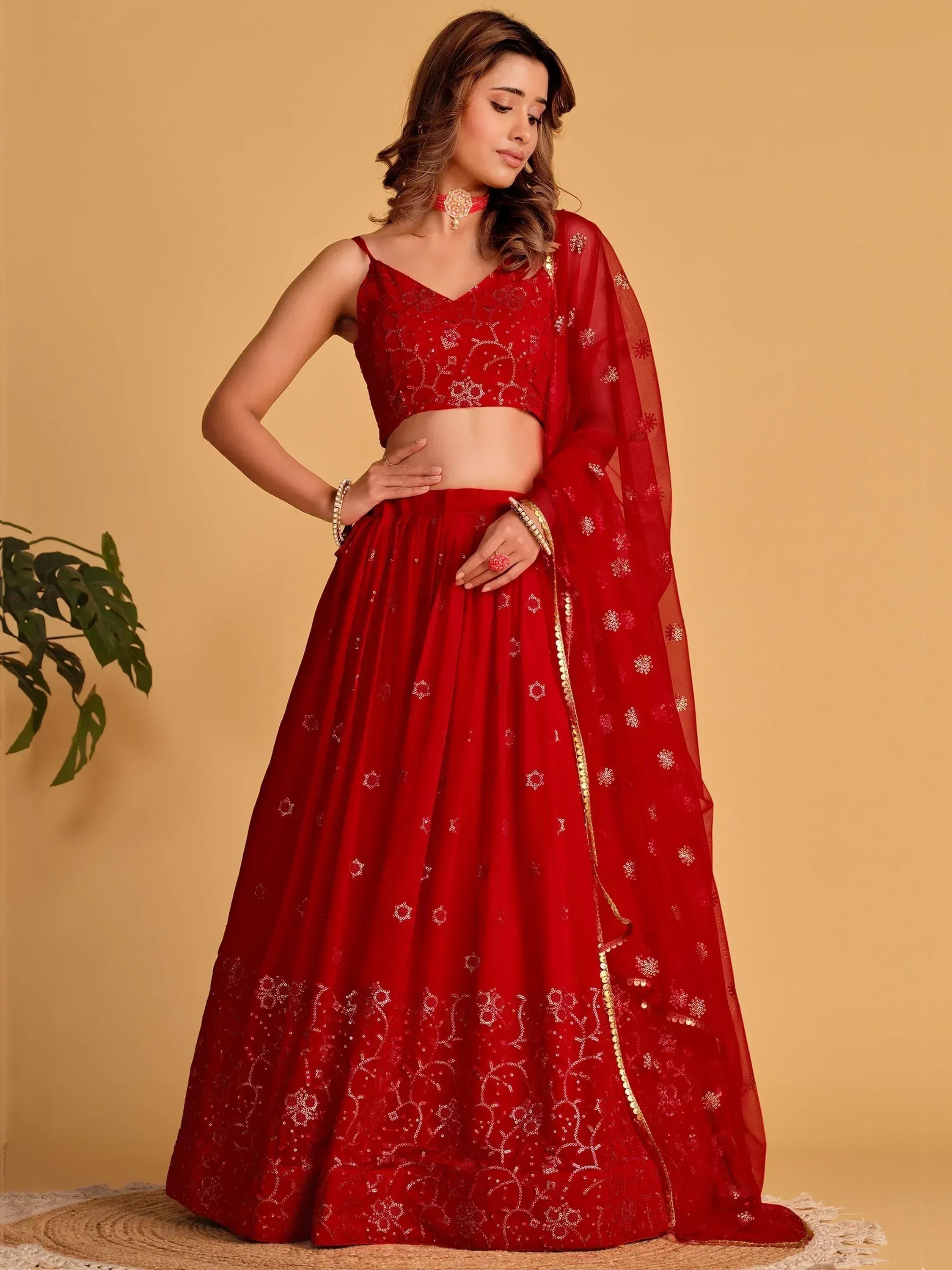 Red embroidered lehenga choli with dupatta, Indian ethnic wear for weddings and festivals