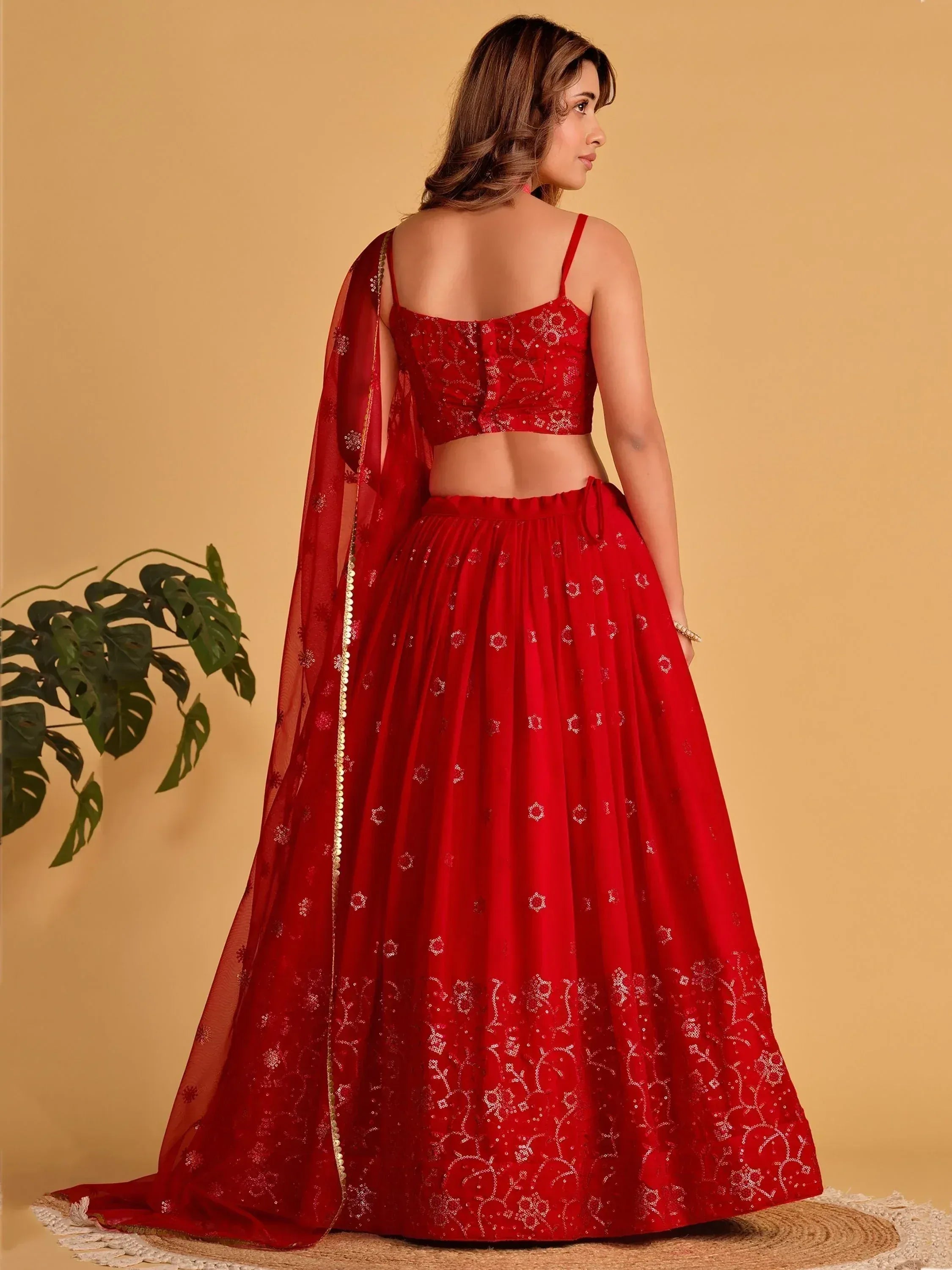 Red embroidered lehenga choli with sheer dupatta, Indian ethnic wear for women