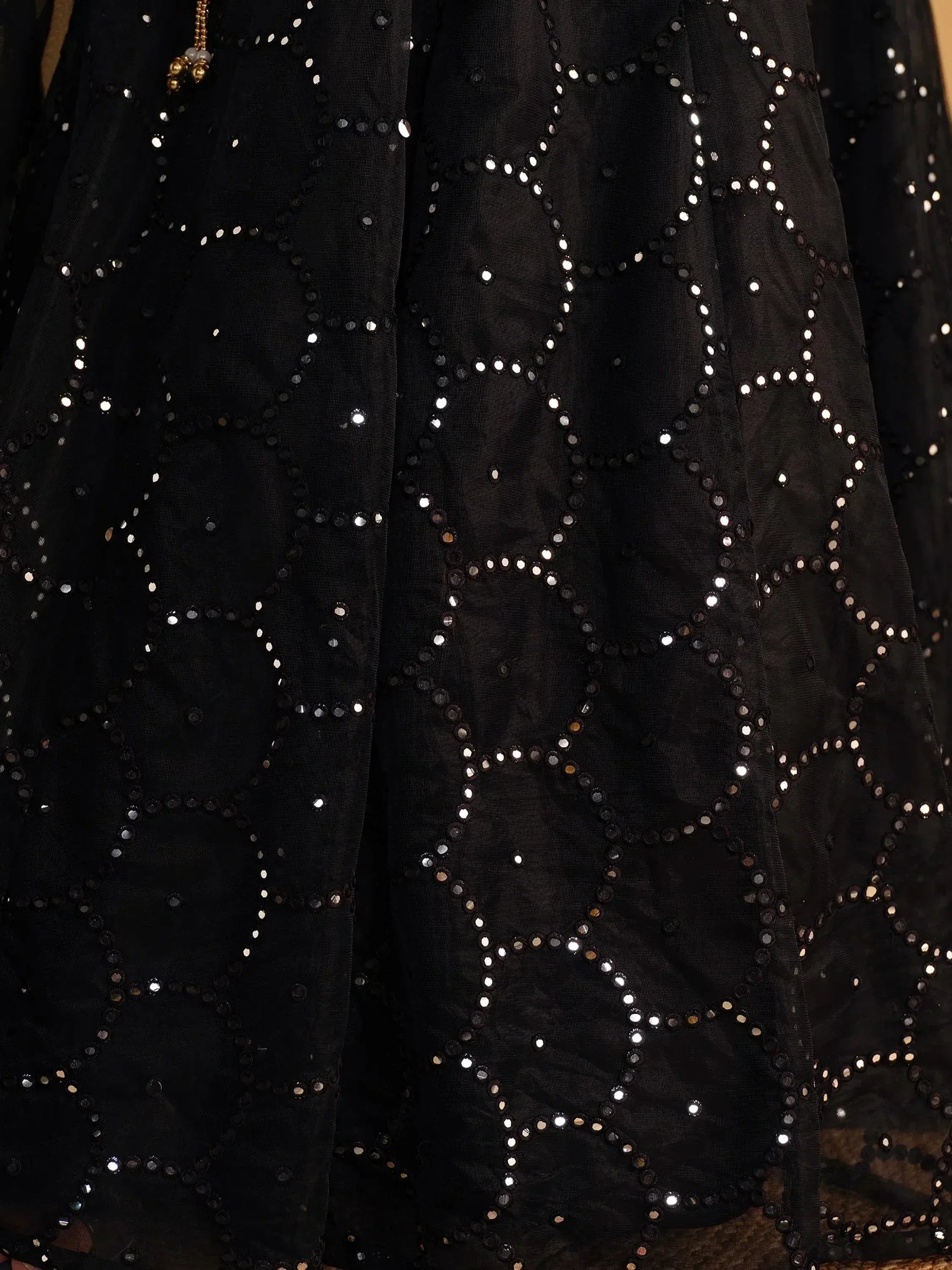 Black ethnic gown with geometric mirror and sequin embroidery, perfect for Indian festive wear
