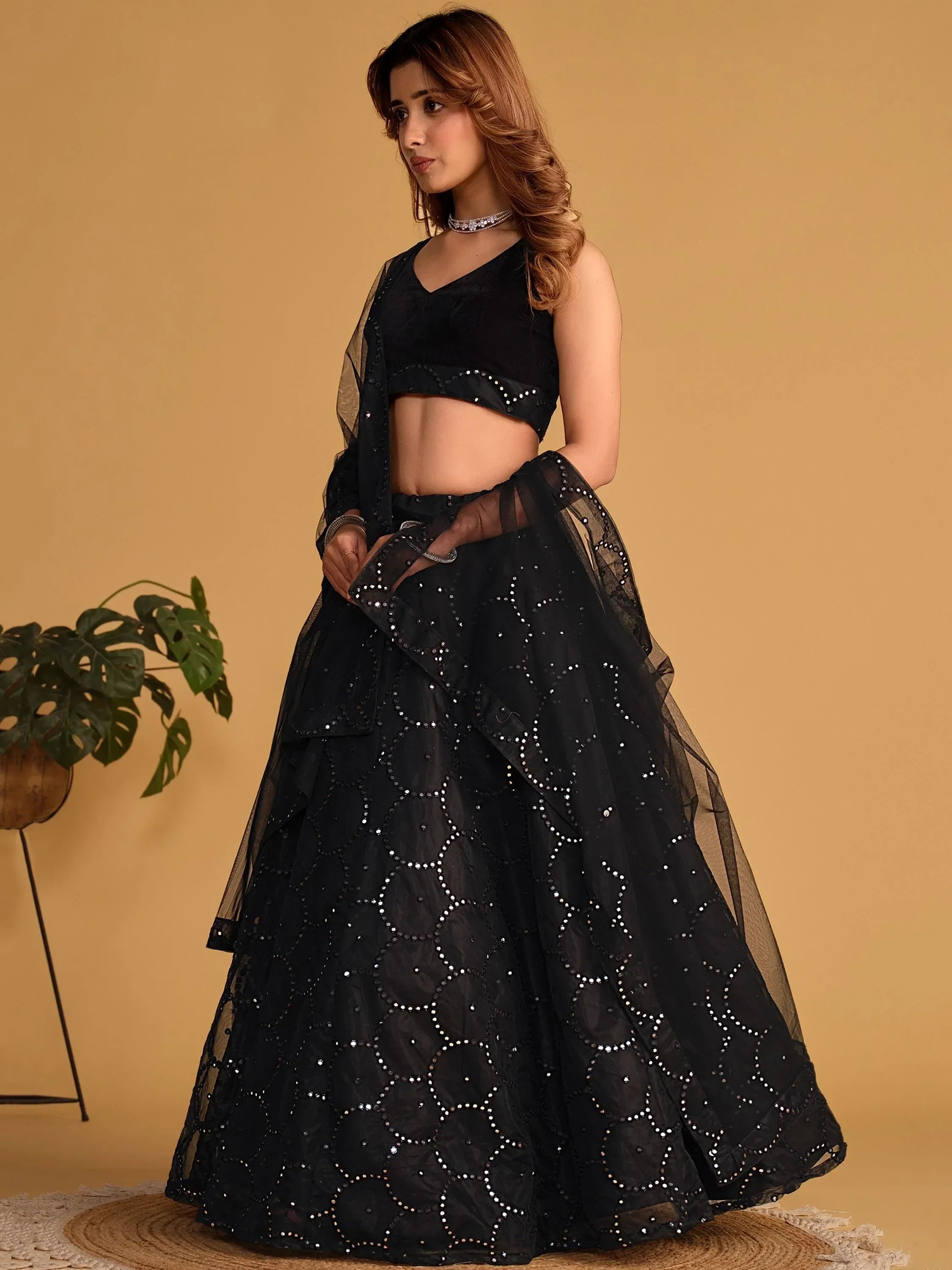 Black sequin lehenga choli with sheer dupatta, ethnic Indian wear for women