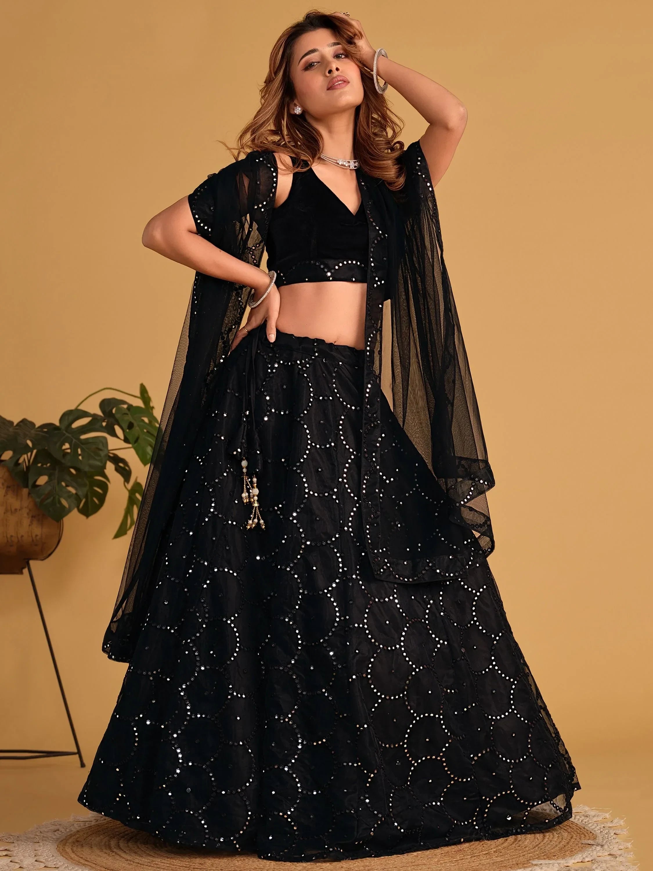 Black sequin lehenga choli with sheer cape, Indian ethnic wear for women