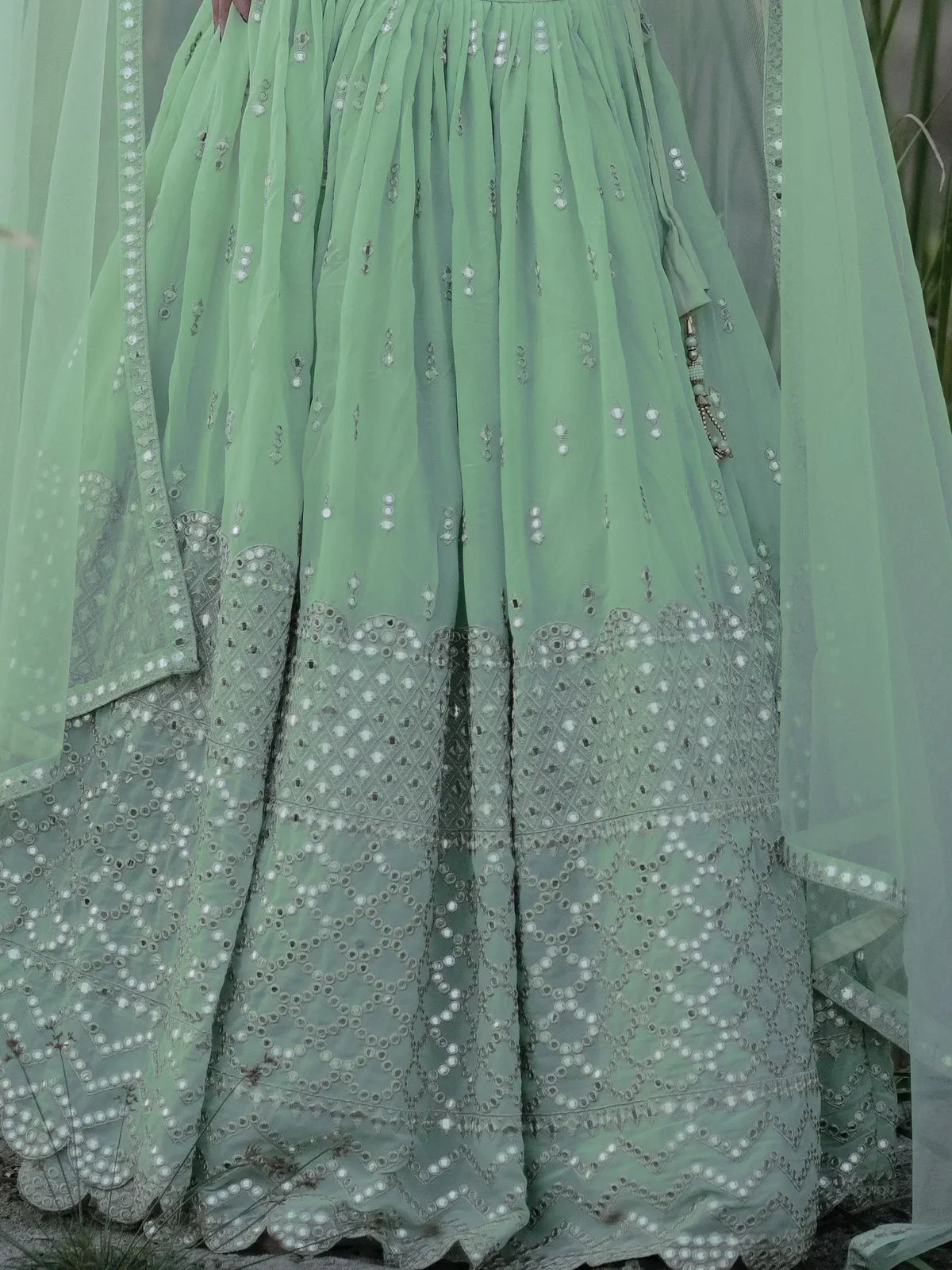 Mint green lehenga with mirror work and embroidery, perfect for Indian ethnic wear