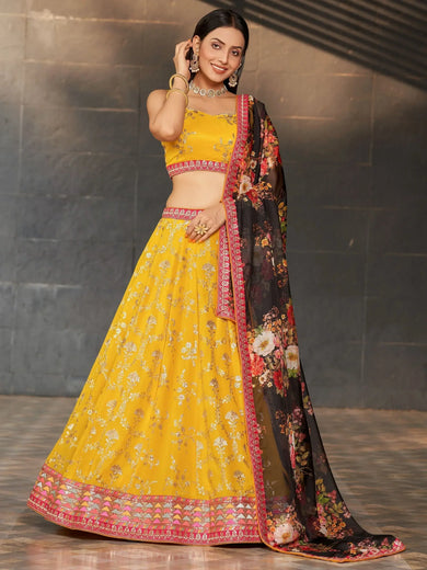 Astonishing Yellow Sequins Georgette Haldi Wear Lehenga Choli