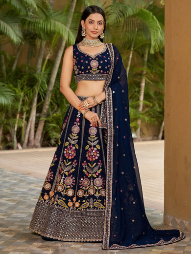 Amazing Navy Blue Thread Embroidered Georgette Lehenga Choli