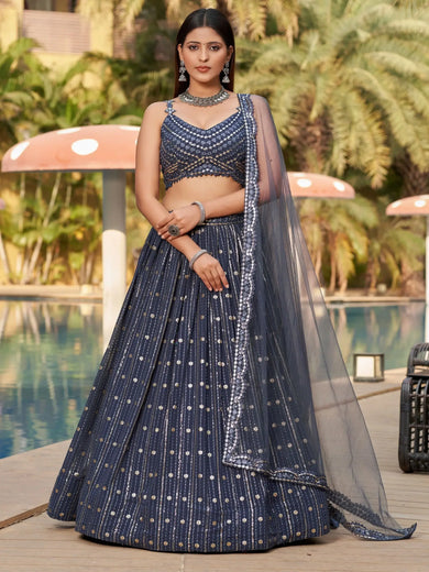 Fantastic Grey Sequins Georgette Reception Wear Lehenga Choli