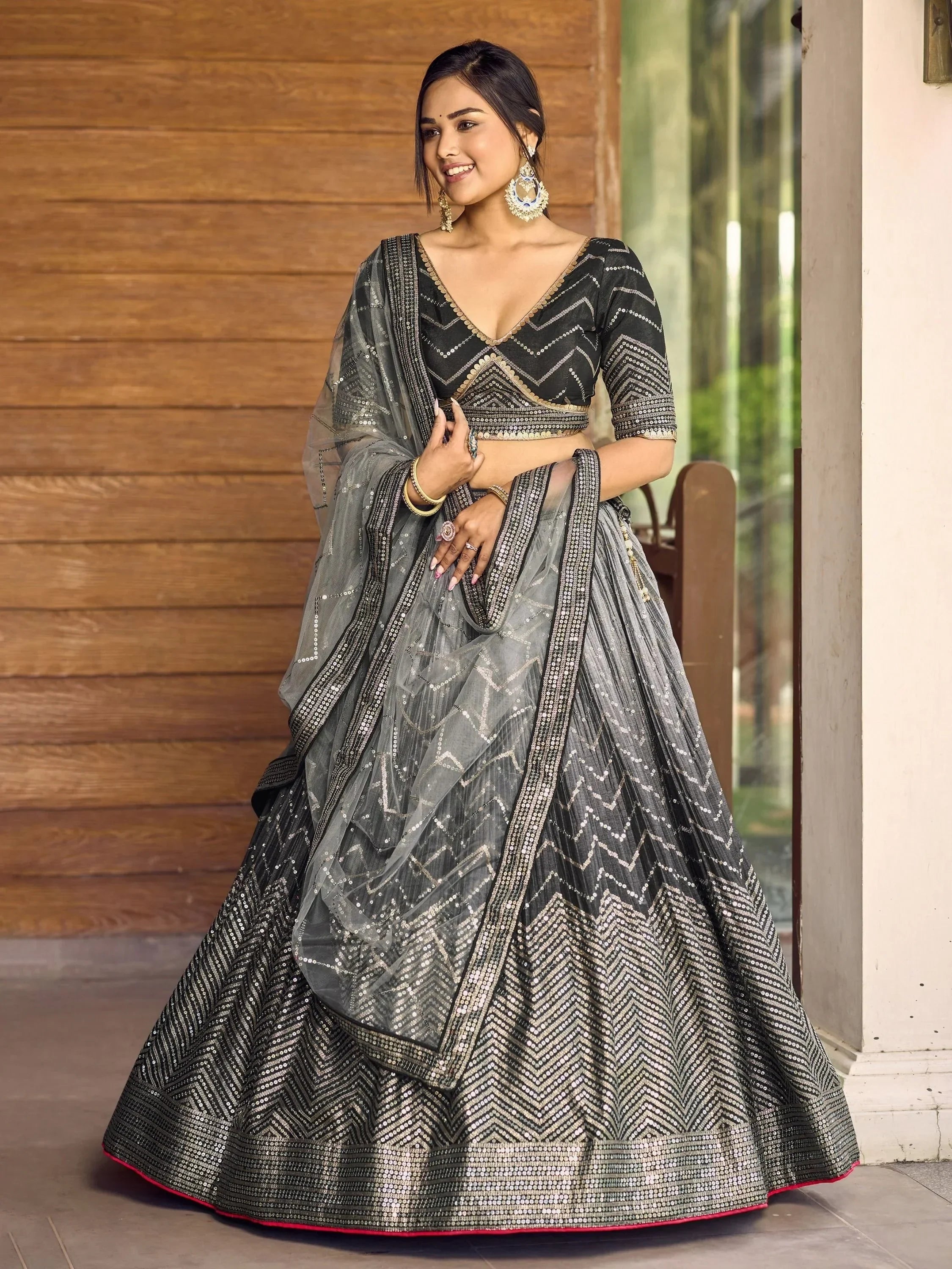 Black and grey designer lehenga choli with sequin chevron patterns, perfect for Indian ethnic wear events