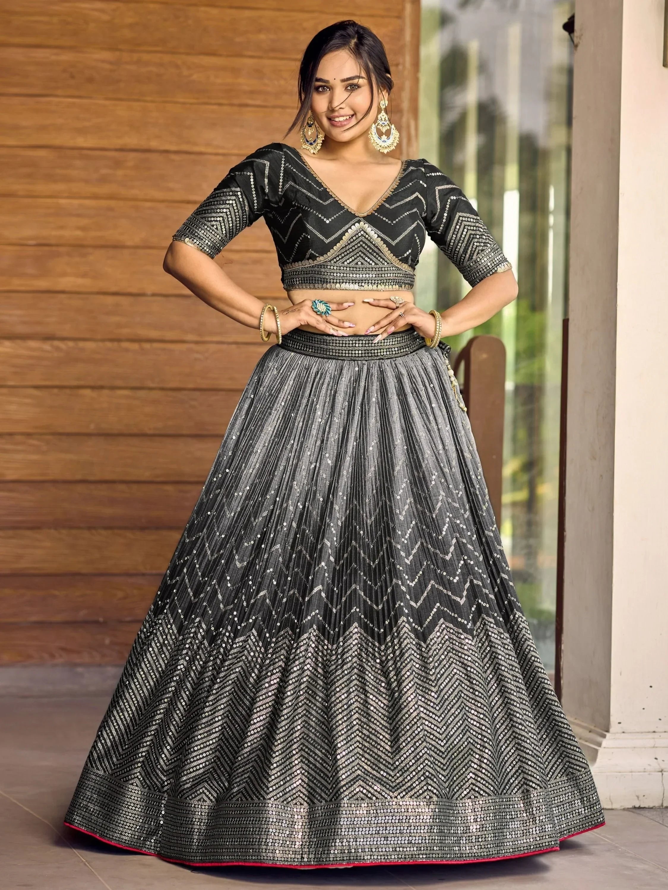 Black and silver sequin lehenga choli with chevron pattern, perfect for Indian ethnic wear events