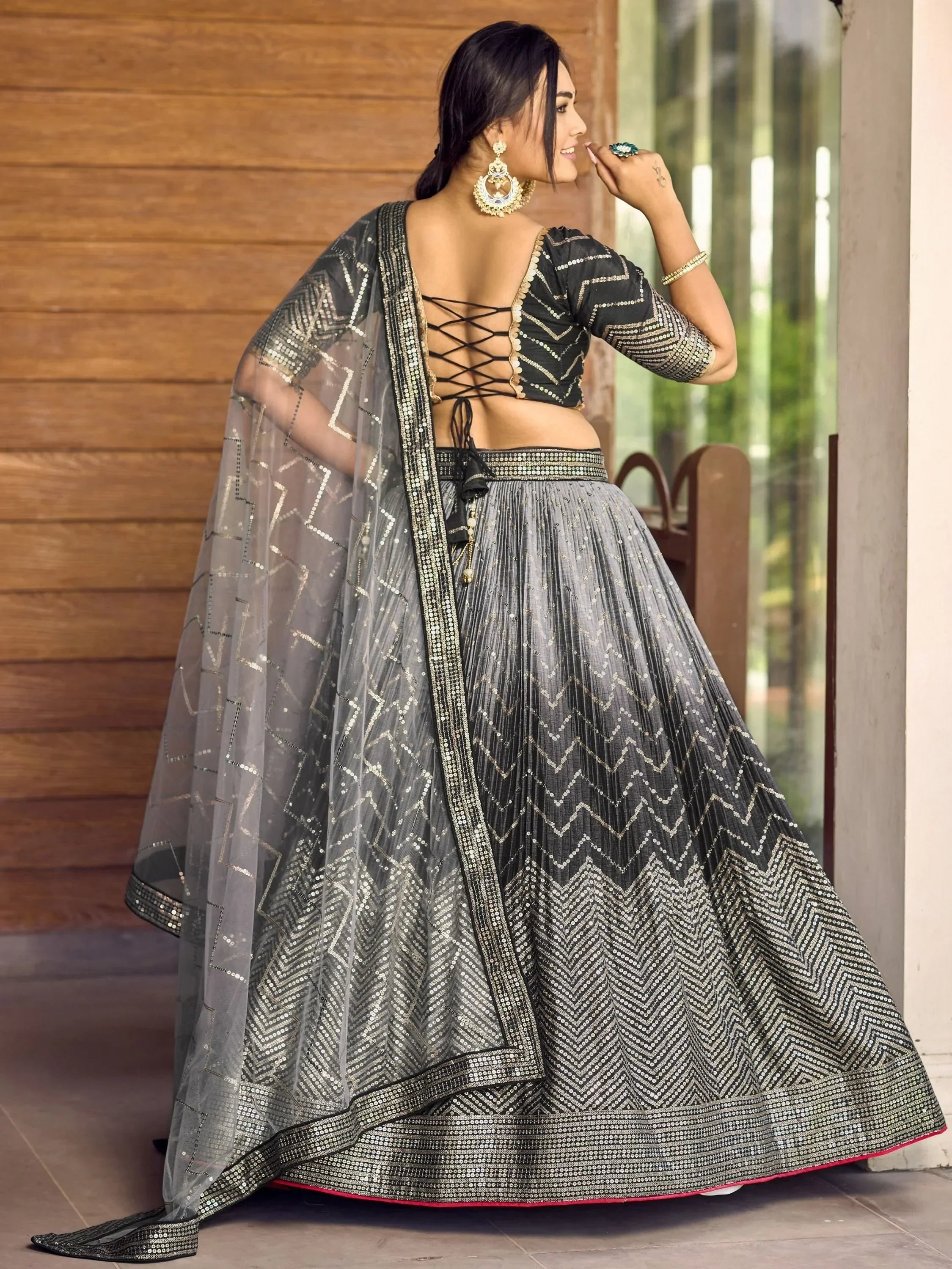 Black and silver sequin lehenga choli with back lace-up blouse and sheer dupatta, Indian ethnic wear