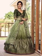 Awesome Green Sequins Chinon Mehendi Wear Lehenga Choli