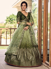 Awesome Green Sequins Chinon Mehendi Wear Lehenga Choli
