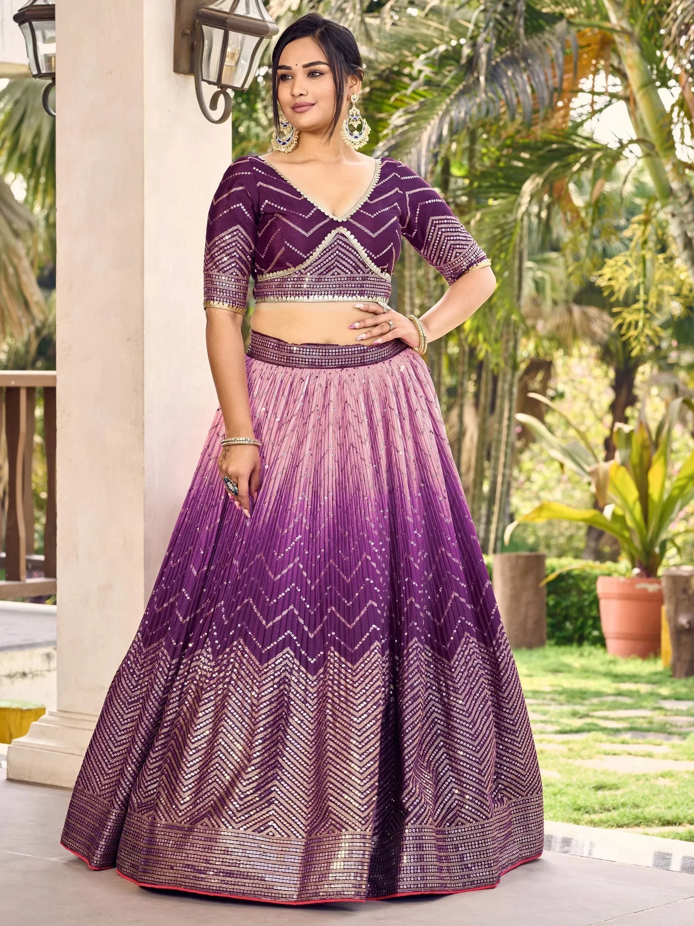 Purple designer lehenga choli with sequin chevron patterns, perfect for Indian ethnic wear events