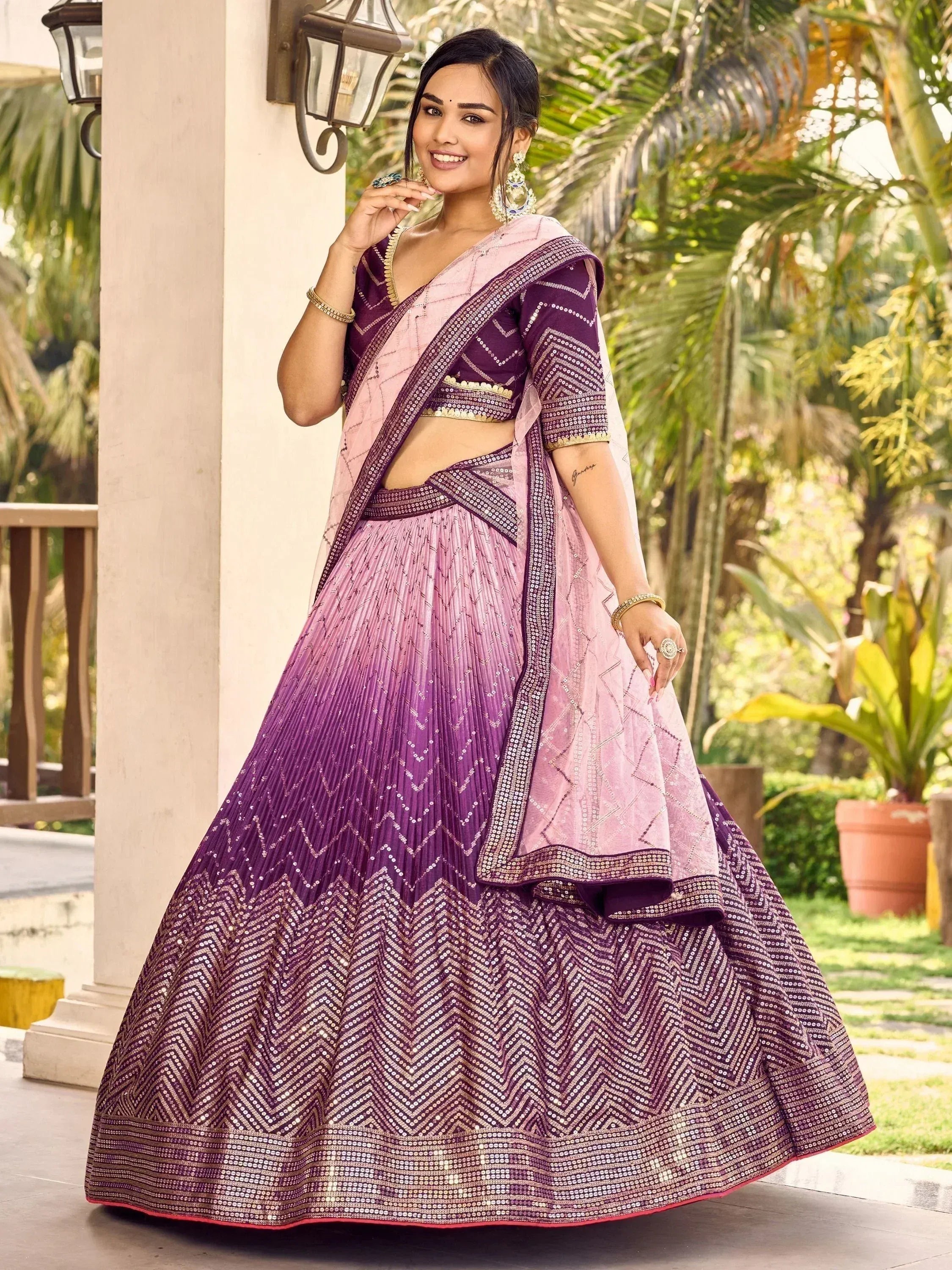 Purple and pink designer lehenga choli with sequin work, perfect for Indian ethnic occasions