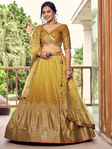 Outstanding Yellow Sequins Chinon Haldi Wear Lehenga Choli