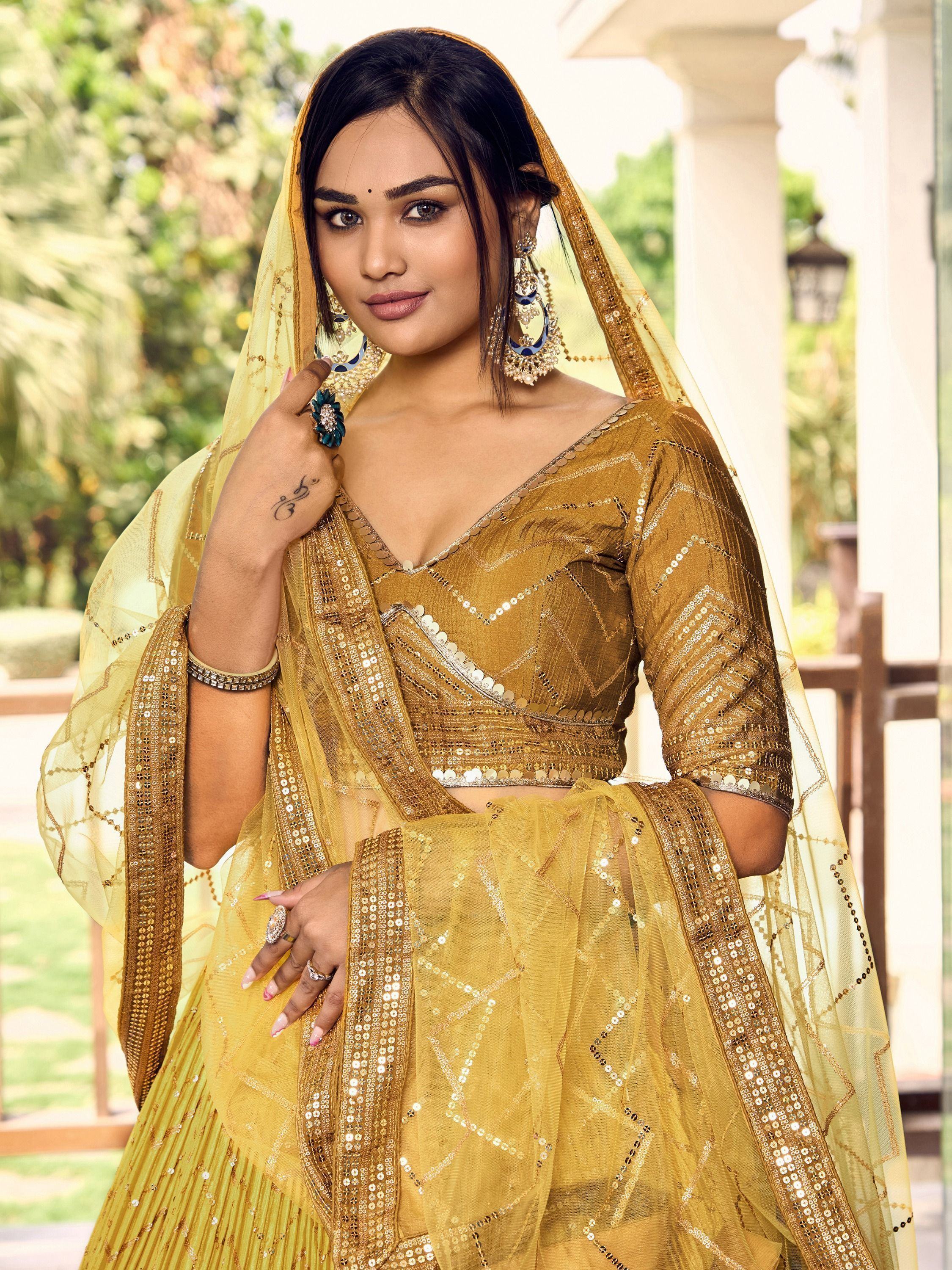 Golden sequin lehenga choli with dupatta, Indian ethnic wear for weddings and parties