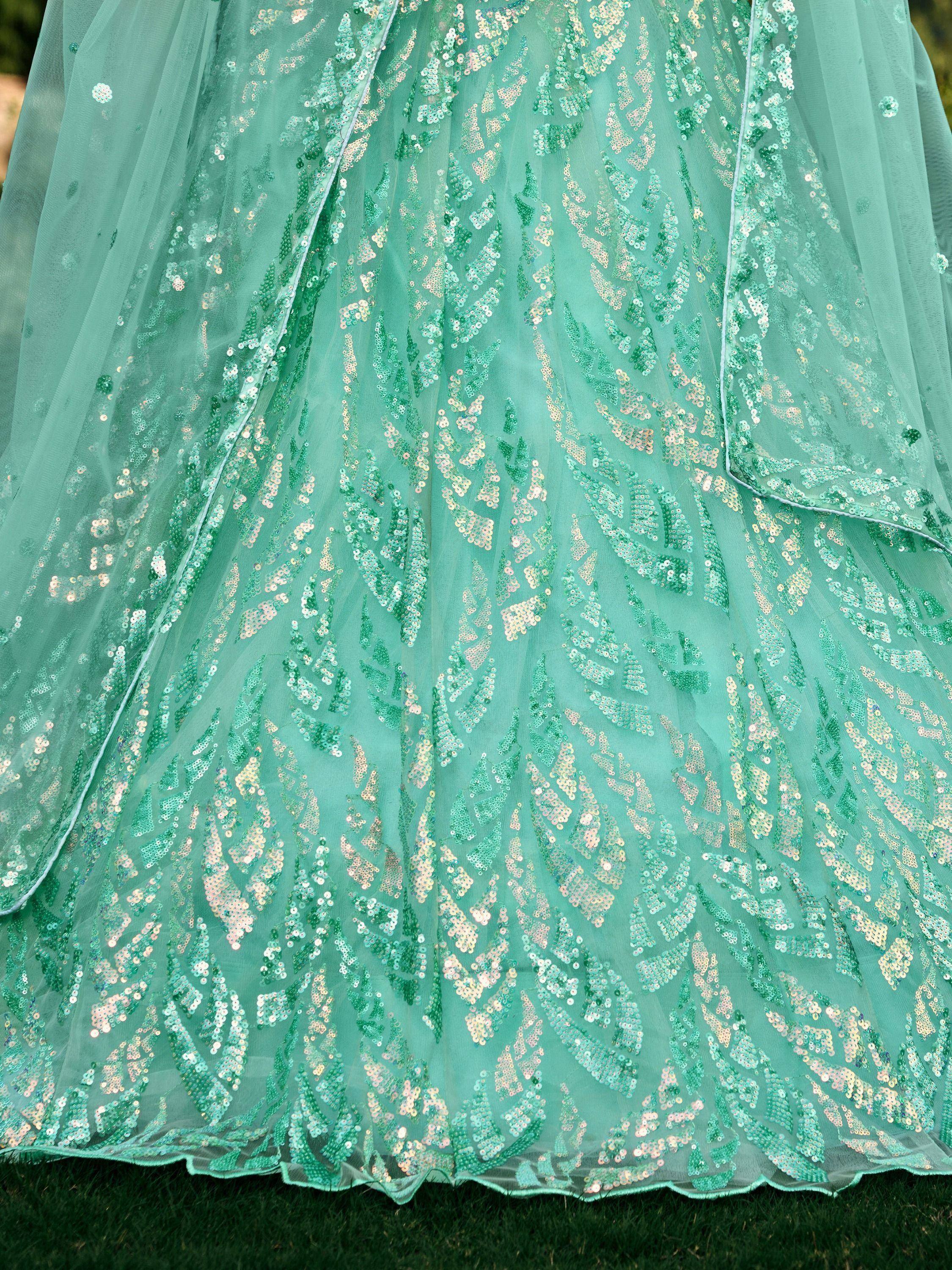 Mint green sequin lehenga with leaf pattern, Indian ethnic wear for weddings and festivals