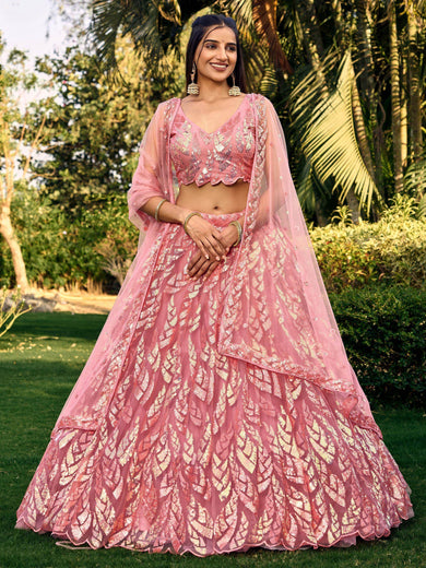Beautiful Pink Sequins Net Bridesmaid Lehenga Choli With Dupatta