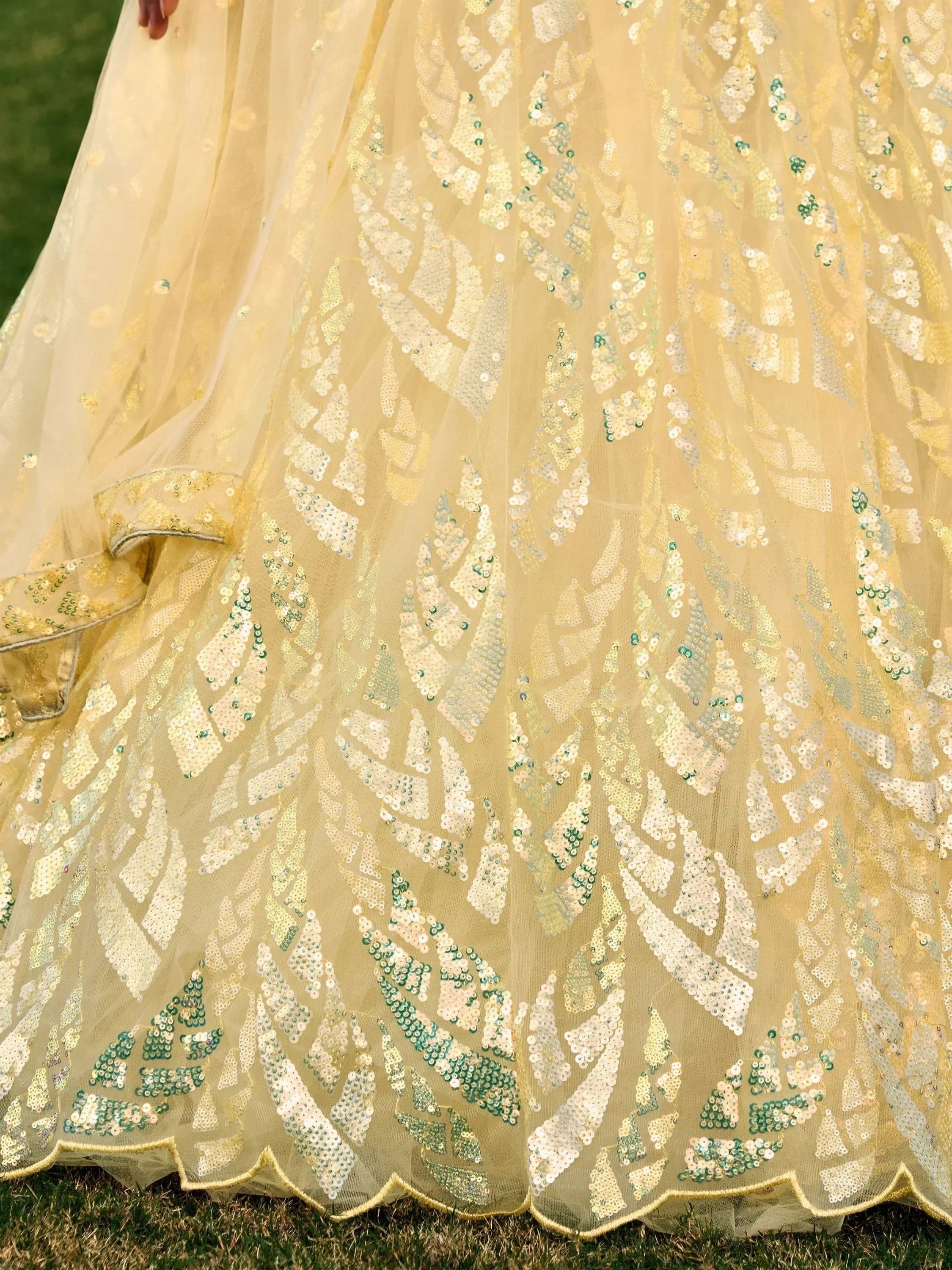 Yellow sequin lehenga with leaf pattern, ethnic Indian wear for weddings and parties
