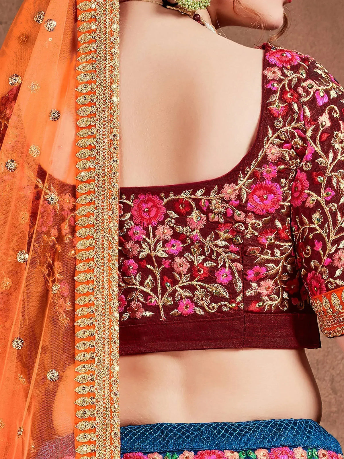 Maroon floral embroidered blouse with orange dupatta, Indian ethnic wear