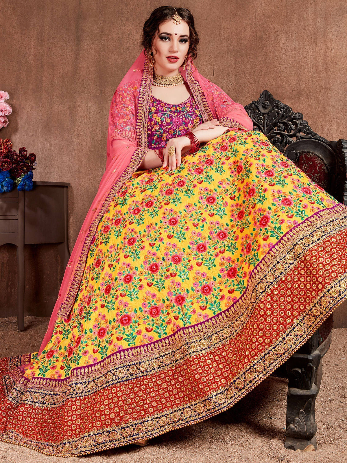 Yellow floral embroidered lehenga choli with pink dupatta, Indian ethnic wear for weddings and festivals