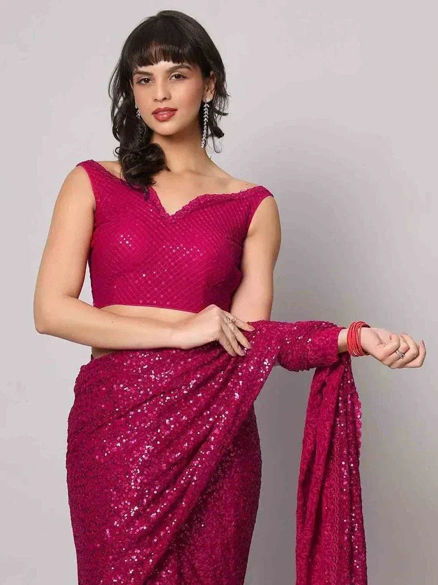 Fuchsia sequin saree with matching blouse, elegant ethnic wear for women